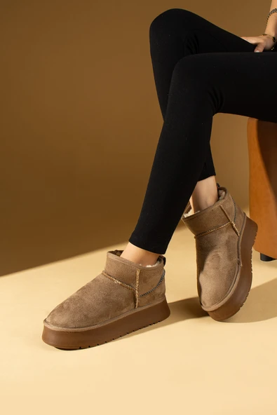 Pembe Potin İçi Yünlü Bilekte Rahat Kalıp Kalın Taban Mini Kadın Bot 007-1999-23Nubuk - Resim 11