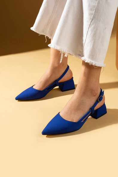 Pembe Potin Sivri Burun Saten Kumaş Slingback Kadın Topuklu Ayakkabı 87-151-25Saten - 3