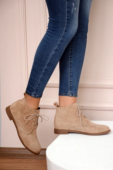 Pembe Potin Rahat Kalıp Bağcıklı Kadın Bot&Bootie 020-4070-22Süet - Resim 2