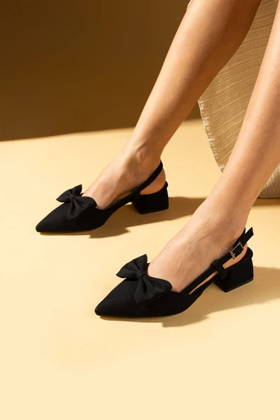 Pembe Potin Sivri Burun Fiyonk Detaylı Saten Kumaş Slingback Kadın Topuklu Ayakkabı 87-141-25Saten - Resim 8