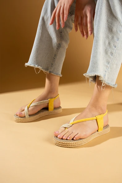 Pembe Potin Comfort Hasır Taban Parmak Arası Kadın Sandalet 68-104-24 - 6