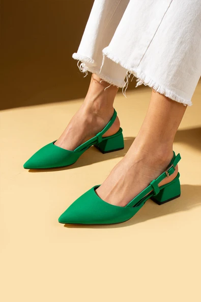Pembe Potin Sivri Burun Saten Kumaş Slingback Kadın Topuklu Ayakkabı 87-151-25Saten - 4