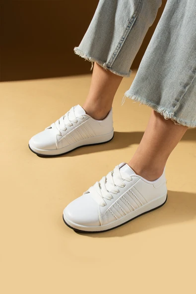 Pembe Potin Bağcıklı Rahat Kalıp Şerit Detaylı Comfort Kadın Sneaker 001-1015-24 - Resim 2