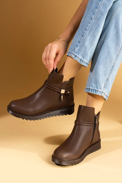 Pembe Potin Toka Detaylı Kauçuk Taban Fermuarlı Kadın Bot & Bootie 59-2003-23Cilt - Resim 8