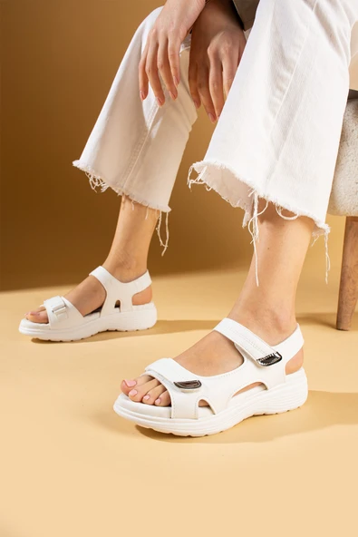 Pembe Potin Deri Görünümlü Comfort Taban Çift Bantlı Kadın Sandalet 59-78-24 - Resim 2