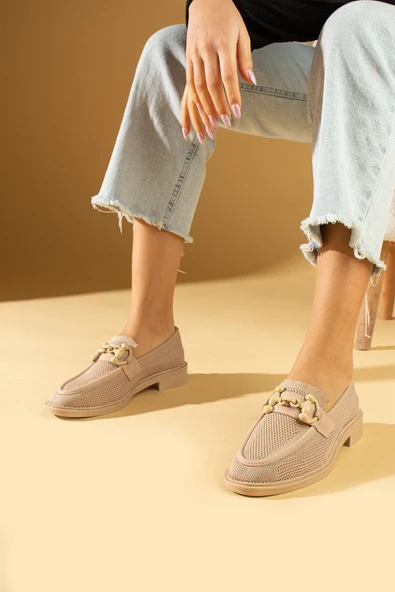 Pembe Potin Metal Tokalı Triko Rahat Kalıp Kadın Loafer 024-784-24 - 2