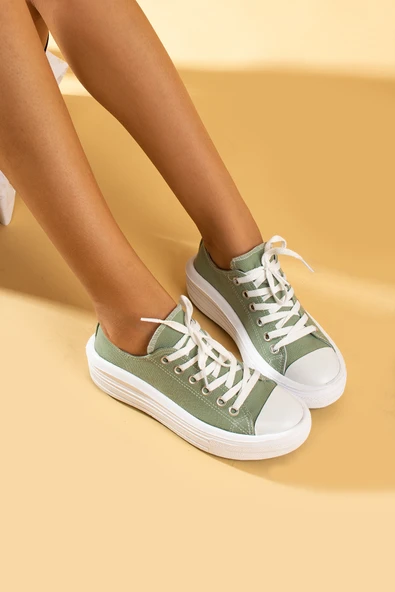Pembe Potin Bağcıklı Kalın Taban Keten Kadın Sneaker 57-101-23 - 6
