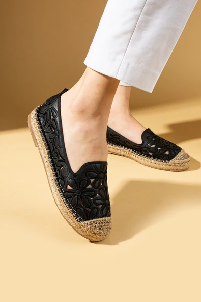 Pembe Potin Lazer Kesim Çiçek Desenli Rahat Hasır Taban Dilli Kadın Babet 68-1025-25 - Resim 8