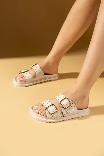 Pembe Potin Kare Tokalı Gold Zımbalı Rahat Taban Kadın Terlik 024-0800-25Cilt ürün görseli