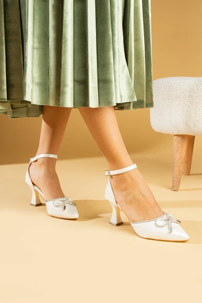 Pembe Potin Taşlı Fiyonk Bilek Bağlama Kadeh Topuklu Kadın Ayakkabı 018-52-24Cilt - Resim 4