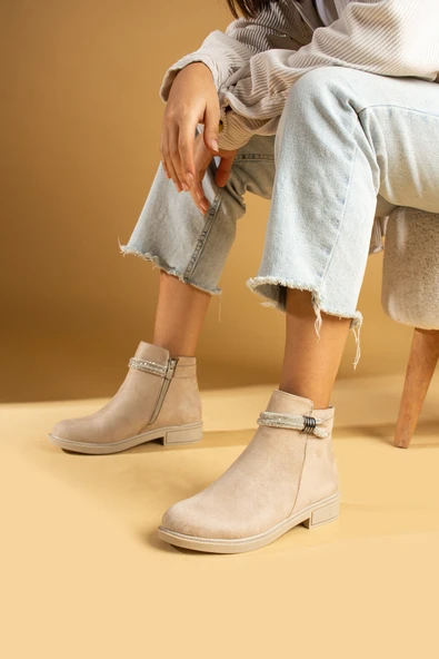 Pembe Potin Taş Aksesuarlı Fermuarlı Sıcak Astar Kadın Bot&Bootie 57-0101-23Süet ürün görseli