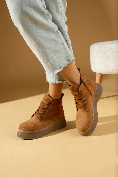 Pembe Potin Termo Kalın Taban Bağcıklı & Fermuarlı Kadın Bot 59-901-23Süet - Resim 8