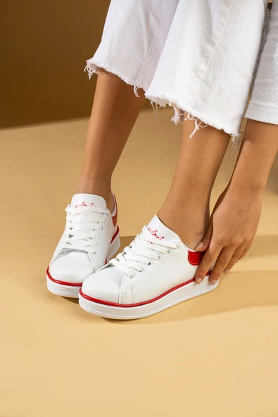Pembe Potin Rahat Taban Renk Şeritli Bağcıklı Kadın Sneaker 001-340-24BKırmızı - 3