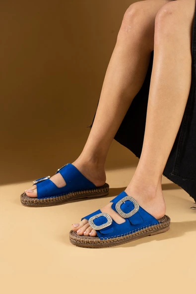 Pembe Potin Hasır Taban Taşlı Çift Tokalı Comfort Taban Kadın Terlik 001-2301-24Süet - Resim 4