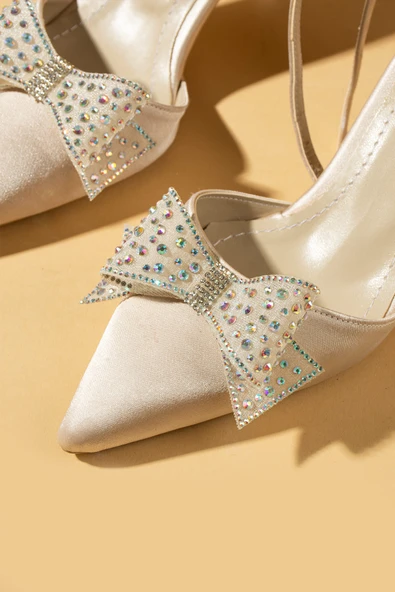 Pembe Potin Taşlı Kurdela Detaylı Bilekten Tokalı Kadın Topuklu Ayakkabı 71-372-25Saten - Resim 2