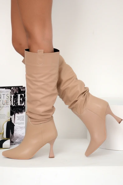 Pembe Potin Kadeh Topuk Büzgülü Moda Diz Altı Kadın Çizme 012-4001-22Cilt - 3