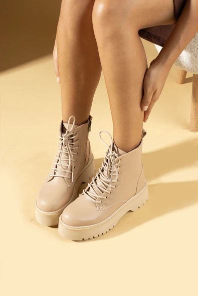 Pembe Potin Kaymaz Kalın Taban Sıcak Astar Fermuar & Bağcık Kadın Bot B01-33-23 - 12