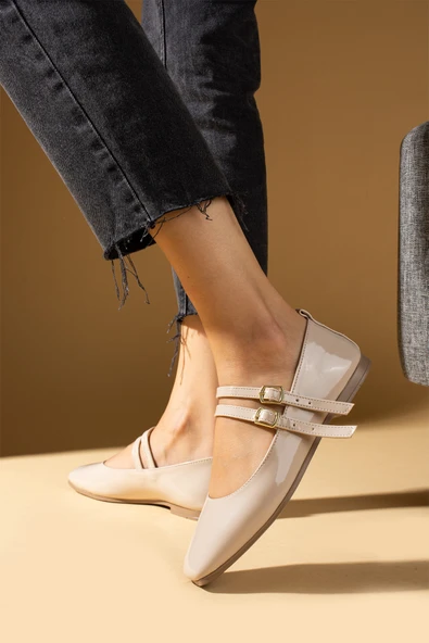 Pembe Potin Köşe Burun Çift Tokalı Kadın Babet 001-3838-24Rugan - Resim 2