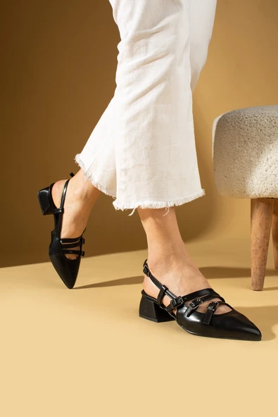 Pembe Potin Çift Toka Detaylı Arkası Açık Sivri Burun Kalın Topuklu Kadın Ayakkabı 53-54-24Cilt - Resim 2