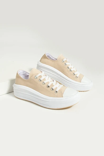 Pembe Potin Bağcıklı Kalın Taban Keten Kadın Sneaker 57-101-23 - 3