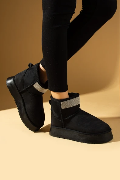 Pembe Potin Parlak Taşlı İçi Peluş Kalın Taban Mini Kadın Bot & Bootie 007-1995-23Süet - Resim 10