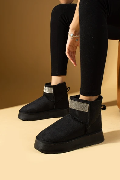 Pembe Potin Parlak Taşlı İçi Peluş Kalın Taban Mini Kadın Bot & Bootie 007-1995-23Süet - Resim 2