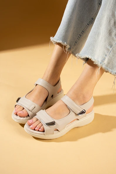 Pembe Potin Deri Görünümlü Comfort Taban Çift Bantlı Kadın Sandalet 59-78-24 - Resim 7