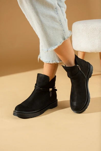 Pembe Potin Toka Detaylı Kauçuk Taban Fermuarlı Kadın Bot & Bootie 59-2003-23Süet - Resim 6