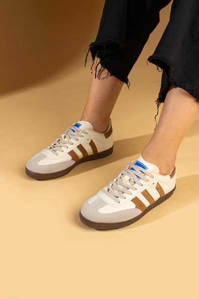 Pembe Potin Bağcıklı Comfort Taban 3 Şeritli Kadın Sneaker 001-1009-24BejKahve - 1