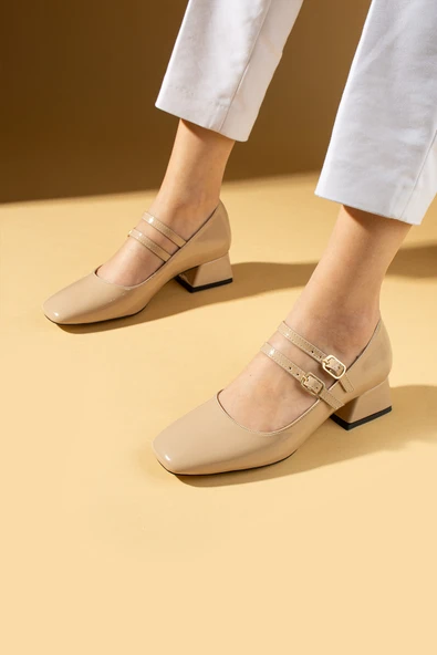 Pembe Potin Kalın Topuklu Küt Burunlu Çift Bantlı Kadın Topuklu Ayakkabı 001-266-24Rugan - Resim 4