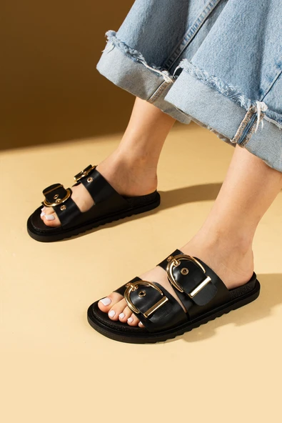 Pembe Potin Geniş Çift Gold Tokalı Rahat Kalıp Kadın Terlik 024-1001-25Cilt - Resim 6