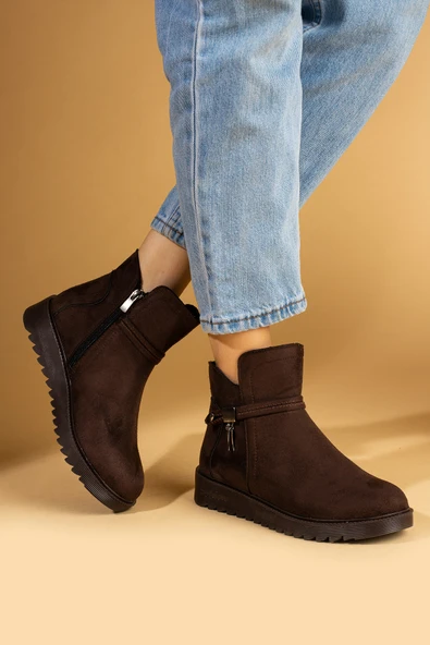 Pembe Potin Toka Detaylı Kauçuk Taban Fermuarlı Kadın Bot & Bootie 59-2003-23Süet - Resim 12