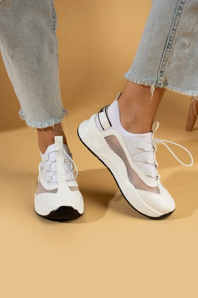 Pembe Potin Yüksek Taban Lastik Bağcıklı Fileli Kadın Sneaker 36-728-24 - 11