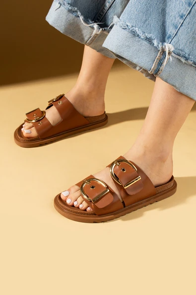 Pembe Potin Geniş Çift Gold Tokalı Rahat Kalıp Kadın Terlik 024-1001-25Cilt - Resim 7