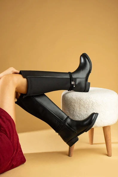 Pembe Potin Taşlı Diz Altı Esneyebilen Kumaşlı Streç Kadın Çizme 59-8893-23 - 3