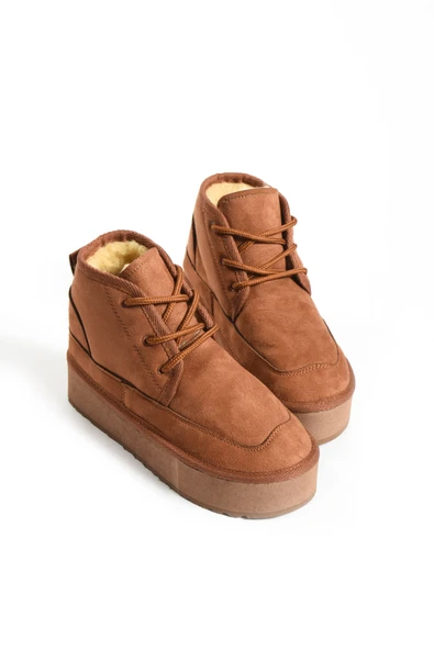 Pembe Potin Ultra Mini Platform Kürk Astarlı Kalın Taban Bağcıklı Kadın Bot 61-2001-23Süet - Resim 12