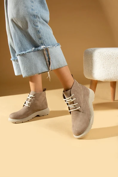 Pembe Potin Termo Taban Sıcak Astar Bağcıklı Kadın Bot 60-1015-23Süet - Resim 12