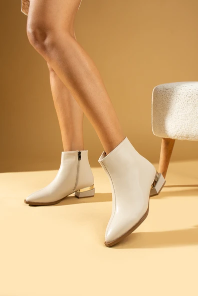 Pembe Potin Kalın Topuklu Gold Detay Fermuarlı Kadın Bot 58-674-23 - Resim 4