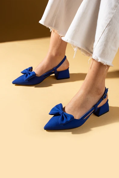 Pembe Potin Sivri Burun Fiyonk Detaylı Saten Kumaş Slingback Kadın Topuklu Ayakkabı 87-141-25Saten - Resim 9