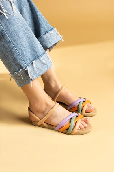 Pembe Potin Çapraz İnce Bant Rahat Taban Kadın Sandalet 41-25-22NutLila - Resim 2