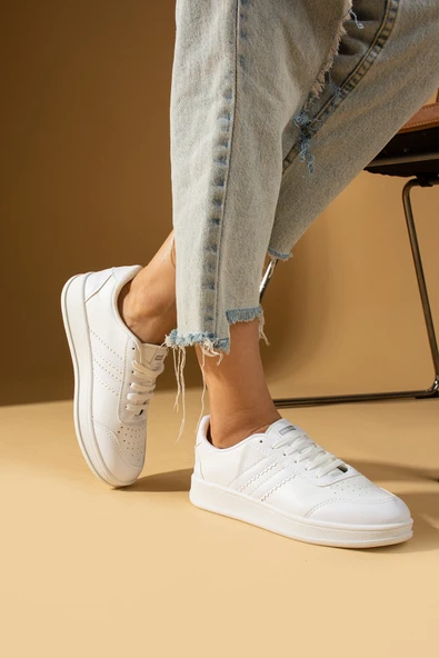 Pembe Potin Şerit Detaylı Bağcıklı Rahat Taban Kadın Sneakers 001-1004-24 - 3