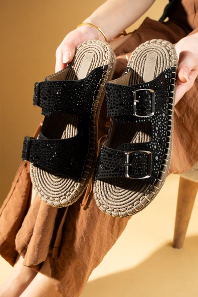 Pembe Potin Çift Tokalı Parlak Taş İşlemeli Rahat Hasır Taban Kadın Terlik 68-1023-25 - Resim 2