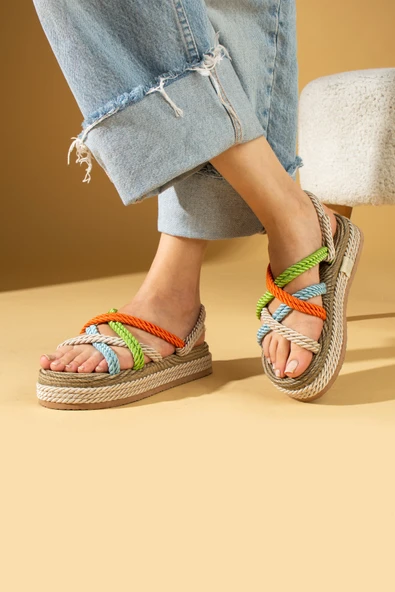 Pembe Potin Kalın Taban Çapraz Bant Hasır Kadın Sandalet 30-15-24 - Resim 10