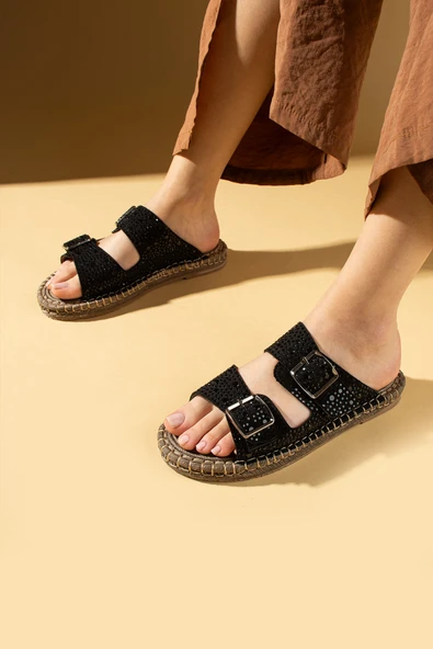 Pembe Potin Çift Tokalı Parlak Taş İşlemeli Rahat Hasır Taban Kadın Terlik 68-1023-25 - Resim 4