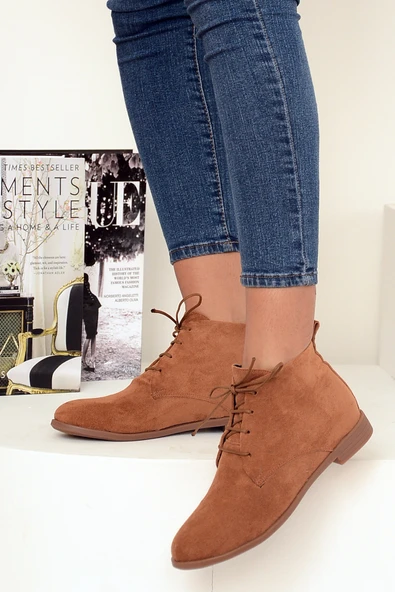 Pembe Potin Rahat Kalıp Bağcıklı Kadın Bot&Bootie 020-4070-22Süet - Resim 7