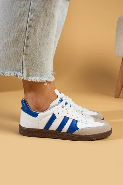 Pembe Potin Bağcıklı Comfort Taban 3 Şeritli Kadın Sneaker 001-1009-24BeyazMavi - Resim 2