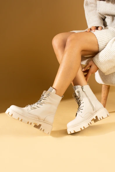 Pembe Potin Taş Detaylı Fermuar & Bağcık Sıcak Astar Kadın Bot 57-274-23 - Resim 2