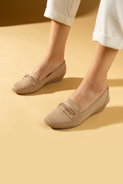 Pembe Potin Taş Detaylı Triko Comfort Taban Kadın Babet 025-26-24Keten - 2