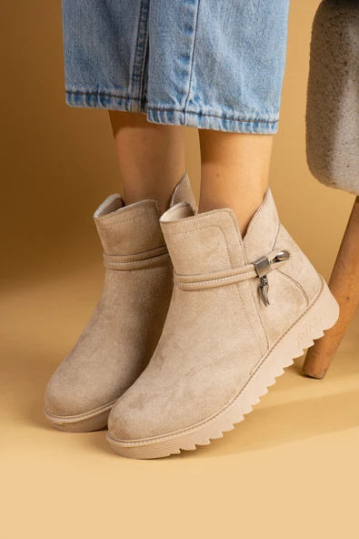 Pembe Potin Toka Detaylı Kauçuk Taban Fermuarlı Kadın Bot & Bootie 59-2003-23Süet - Resim 5