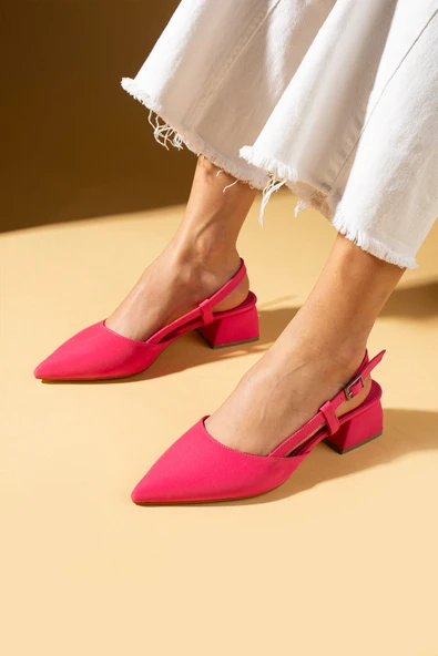 Pembe Potin Sivri Burun Saten Kumaş Slingback Kadın Topuklu Ayakkabı 87-151-25Saten - 6